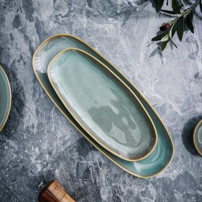 China Disposable European Style Restaurant Tableware Decor Glazed Dish Set Retangular Serving Tray Dish Oval Porcelain for sale