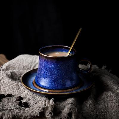 China Best viable selling nordic style ceramic fambe blue color coffee cup and saucer for sale