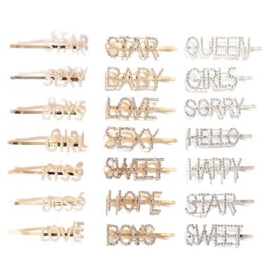 China Custom Hot Sale Alloy Letter Hair Clips Black Gold Word Bling Crystal Letter Rhinestone Hair Pins For Girls Accessories for sale