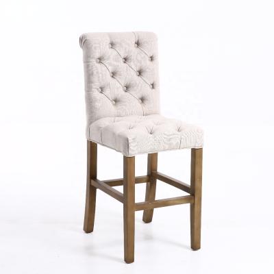 China Modern Solid Canvas Fabric Button Frame Oak Wood Tufted Bar Stool Chair for sale