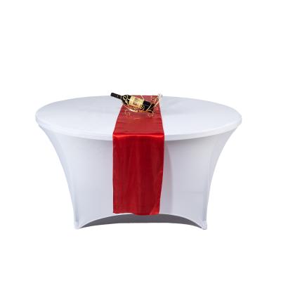 China Wrinkle Free Durable Elegant Machine Washable White Spandex Fitted Stretch Elastic Round Table Cloth for sale