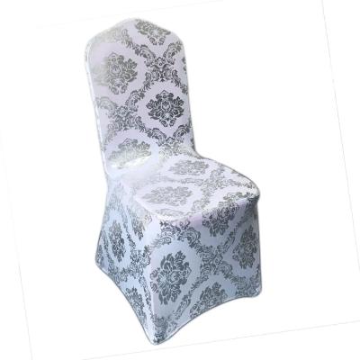 China Wrinkle Free Machine Washable Durable Elegant Economic Spandex Metallic Silver Damask Chair Cover For Banquet Lobby for sale