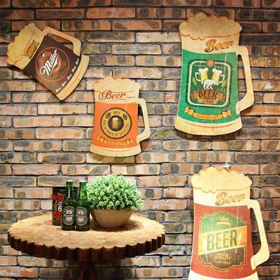 China Retro Beer Mug Wall Painting Wooden Wall Hanging Decoration American Creative Wooden Bar Home Store for sale