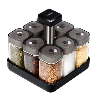 China Best Quality Viable Rotary Glass Pepper Bottle Spice Jar With Rack 9 Square Glass Jar Seasoning Set for sale