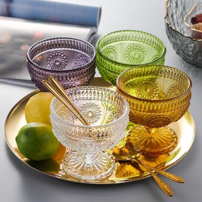 China Transitional High Luxury Large Diameter Embossed Colorful Fruit Ice Cream Bowl Glass Ice Cream Cup for sale