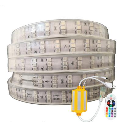 China Free Shipping LANDSCAPE Super Brightness 5050 LED Strip RGB 144leds/m Three Row 220V Strip Led Lights Waterproof For Indoor And Outdoor for sale