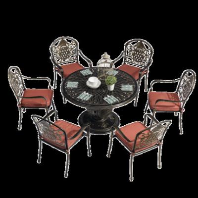 China New Durable Garden Furniture Cast Aluminum Round Table Dining Set With 6 Chairs for sale