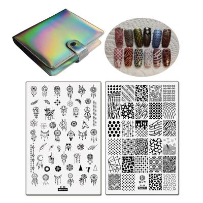 China 2Pc Stainless Steel/PU Geometric Wave Stamping Plates With 1Pc 20Slot Silver Laser Nail Stamping Plate Holder Set Nail Art Stamp Template Stencils for sale