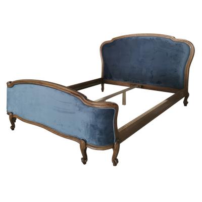 China New French Design French Hotel Luxury Super Big Blue Velvet Bed Back Wing Bedroom Furniture Upholstered Solid Wood Designs for sale