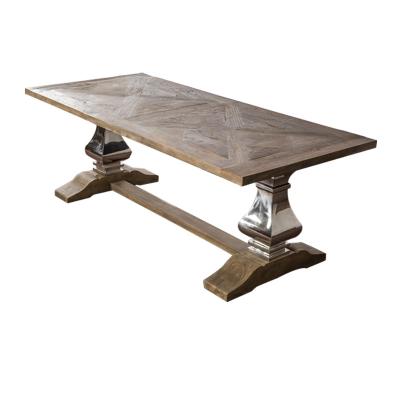 China Hamptons Rustic Rustic Patterned Rectangle Metal Legs Elm Solid Wood Dining Table for sale