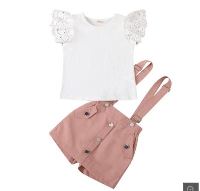 China Spandex/Cotton Baby Summer Solid Color Cutout Sleeve Around Collar Top Removable Strap Shorts 2 Piece Clothes Set for sale