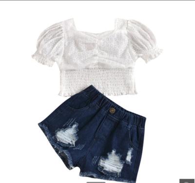 China New Spandex/Cotton Toddler Kids Baby Outfit 2pcs Summer Set Short Puff Sleeve T-shirt Tops Denim Shorts Outfit Clothing for sale