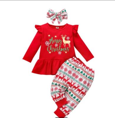 China New 0-24M Infant Girl Red Antibacterial Christmas Long Sleeve Cartoon Printed Deer Letter Santa Cotton Fancy Outfit Set for sale