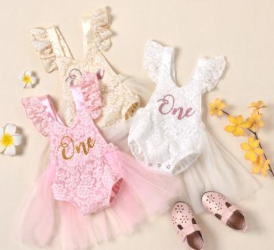 China Newborn Babies Printed Lovely Fashion Fly Sleeve Lace Up Tulle Floral Print Summer Romper Overalls for sale