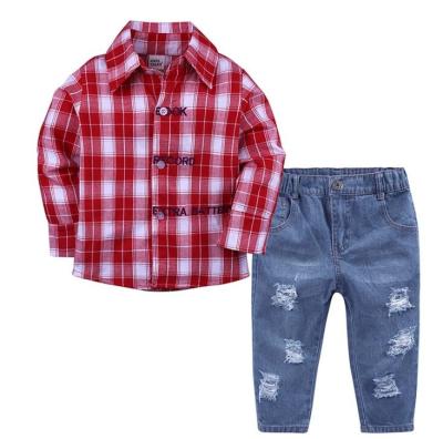 China Wholesale 2pcs Handsome Red Plaid Shirts And Denim Pants Kids Boy Clothing Sets Gentleman Suit for sale