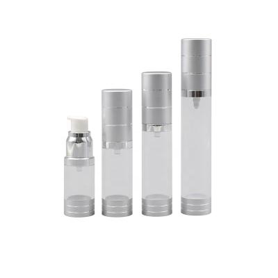 China Empty Cosmetic Packaging Beauty Packaging 15ml 20ml 30ml PE Screen Printing Airless Plastic Silver Lotion Pump Bottle For Cosmetics for sale