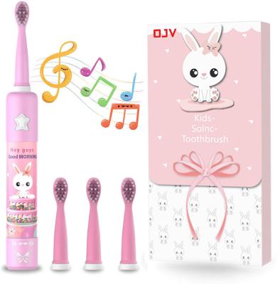 China OJV Battery Operated IPX7 Waterproof 3 Cleaning Modes DC 5V USB Charging Dupont Soft Stiff Sonic Musical Children Electric Toothbrush Portable for sale