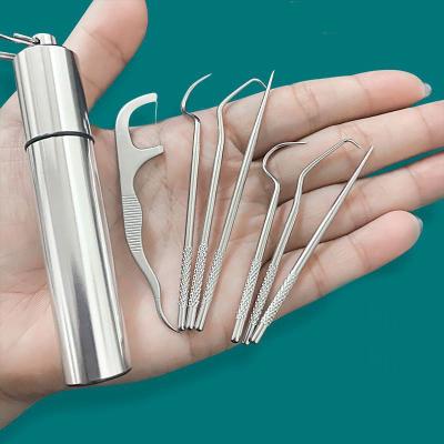 China New Portable Disposable 7pcs Stainless Steel Metal Toothpick Bag Set Reusable Environmental Protection With Holders For Outdoor Picnic Camp for sale