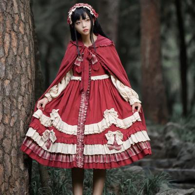 China Lovely Fashionable Cute Ruffles Smocked Clothes Girls Long Sleeve Red Holiday Cosplay Soft Lolita Stunning Velvet Lace Dress for sale