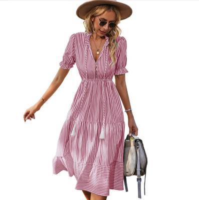 China Elegant Breathable Summer Turn Down Collar Print Long Shirts Women Maxi Dress High Waist Casual Puff Sleeve Stripe Dresses for sale