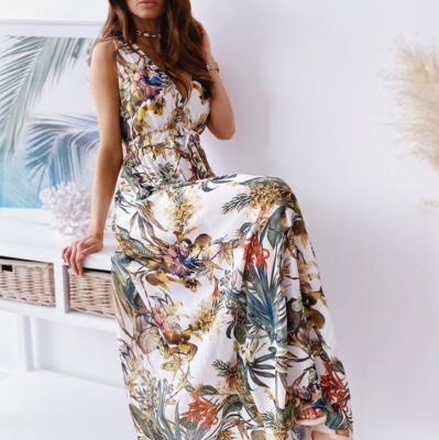 China Wholesale Custom Made V-Neck Women Floral Print Summer Spring Overalls Sleeveless One-Piece Loose Breathable Long Strap Casual Dress for sale