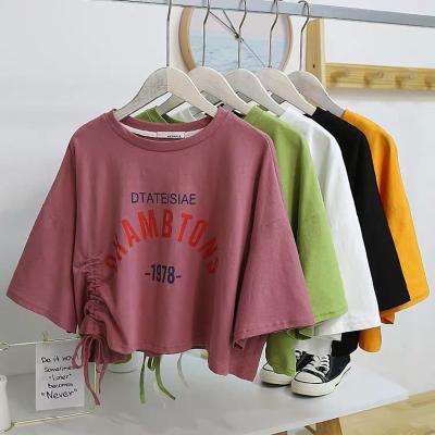 China Wholesale Breathable Workout Summer Letter Printing Drawstring Bends Crop Sweatshirt O Top Oversized Neck Plus Size Women T-shirt for sale