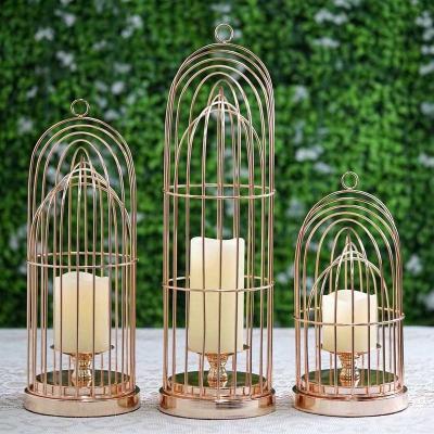 China Weddings Gold Metal Cage Pillar Candle Holder Wedding Centerpiece Candelabra Stands for sale