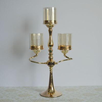 China Weddings 3 Arm Gold Metal Stand Chandeliers Votive Candelabra Wedding Centerpiece for sale