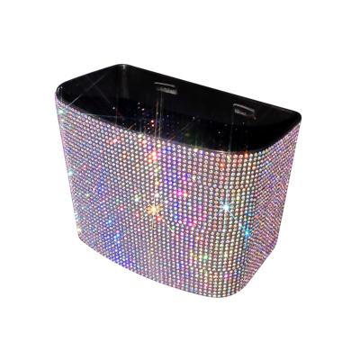 China Color Diamond Rhinestone Waterproof Storage Bins Diamond Back Storage Box Car Plastic Garbage Grabber Bin Car Hanging Accessories for sale