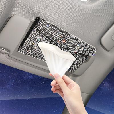 China Minimalist PU Crystal Paper Towels Boxs Holder leather car accessories2021 auto rhinestone sun visor tissue box for sale