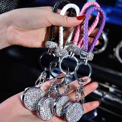 China PU Leather + 1Pcs High-Grade Rhinestone Hand - Woven Genuine Leather Key Chain Key Chain Storage Holder Rhinestone Car Bag Pendant With Mirror for sale