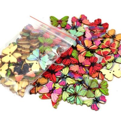 China Unleaded ; Washable; 50 Pieces Nickel Free Butterfly Wooden Buttons For Kids Flower Mixed Vintage Painting Decorative Natural Wooden Shutter Button Brown 2 Holes for sale