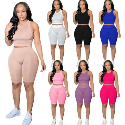 China 2022 Summer New Solid Color QUICK DRY Ribbed Crop Top Vest And Shorts Women Sweat Stretchy Biker Shorts Set for sale