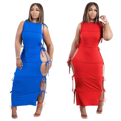 China 2022 Summer Viable Hollow Band Bodycon Side Open Cut Sleeveless Mini Slim Plus Size Evening Sexy Long Dresses for sale