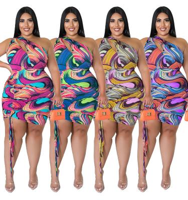 China Sleek Printed Bodycon Plus Size One Shoulder Sleeveless Drawstring Hollow Out Dress For Women for sale