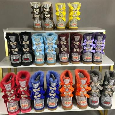 China Fashion Trend High Rise Bow Tie Rhinestone Snow Boots Women OEM Wool Winter Warm Snow Boots For Women Kids for sale