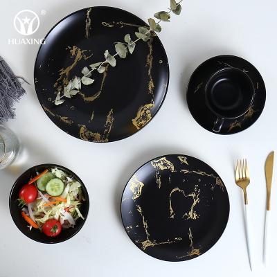 China Wholesale Disposable Tableware Wedding Hotel Dinner Dish Set Porcelain Matte Black Marble Dinner Set With Gold for sale