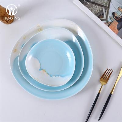 China Viable High Quality Irregular Restaurant Dinnerware Restaurant Ceramic Dishes Sky Blue Color Sky Blue Color Charger Plates Wedding Dishes for sale