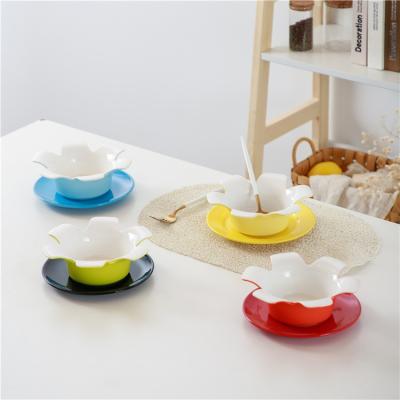 China Sustainable Wholesale Color Glazed Hotel Restaurant Soup Rice Serving Ceramic Unique Shape Bowl Set With Tray for sale