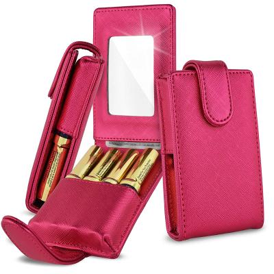 China Fashion Metallic Burgundy Saffiano Leather Lipstick Case With Mirror Holds 4 Regular Sized Tubes Of Lipstick Or LipSense for sale