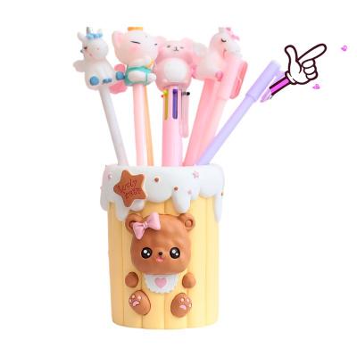 China Cute Pen Holder Student Table Decoration China Cartoon Bear Girl Kid Gift Resin Hand Carving Animal Folk Crafts for sale