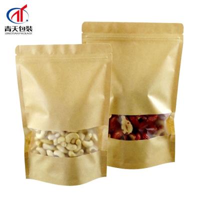 China Moisture Proof Custom Printed Brown Kraft Paper Food Packaging Stand Up Pouches Ziplock Bags With Clear Window for sale