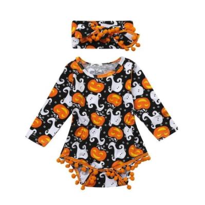 China Baby Casual Pumpkin Long Sleeve Halloween Triangle Ball Lace Crawling Costume Hijab Set for sale