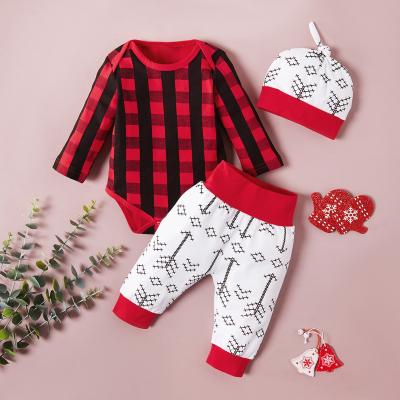 China Casual Infants and Kids Long Sleeve Suit Coat Crawling Plaid Triangle Top Arrow Printed Pants Hat Set for sale