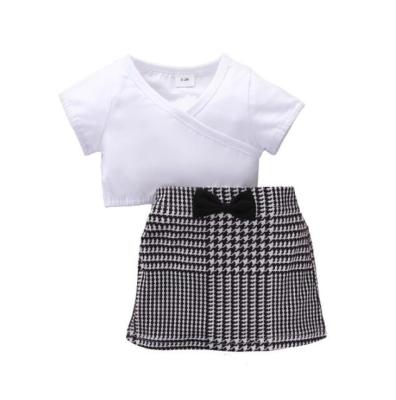 China Solid Color Short Sleeve Sweater Stripe Bowknot Short Skirt Suit Casual European Style for sale