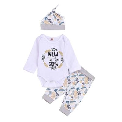 China Casual Baby Long Sleeve Alphabet Triangle Jacket Crawling Suit Leaf Printed Pants Hat Three Piece Set for sale