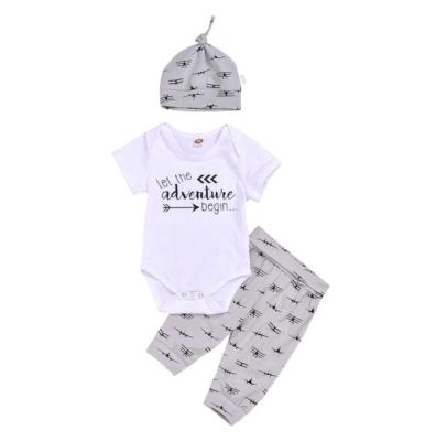 China Baby Casual Short Sleeve Printed Triangle Arrow Letter Harpy Onesie Crawling Suit Pants Hat Set for sale