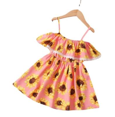 China Casual Children's Ruffles Sunflower Dress with Off Shoulder and Flower Skirt for sale