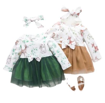 China Baby Bow Long Sleeve Dress Princess Girl Casual Skirt Gauze Baby Animal Leaf Skirt for sale