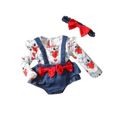 China Anti-wrinkle infant children's cara print long sleeve denim bow sling baby top suit for sale